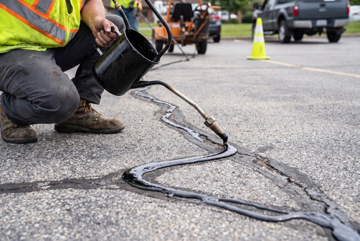 Hot-pour rubberized crack sealant being applied to asphalt cracks in a Grayson County parking lot