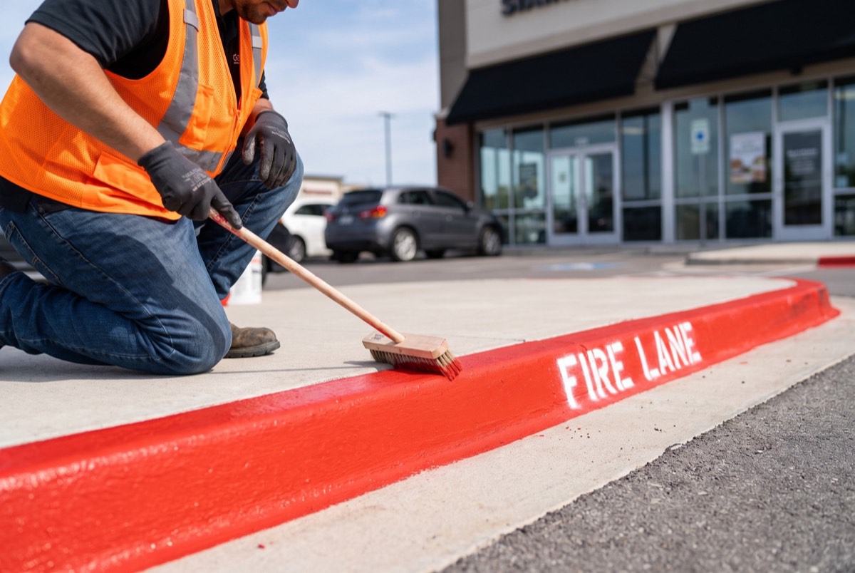 Worker painting a red fire lane curb with white FIRE LANE lettering at a Sherman commercial property