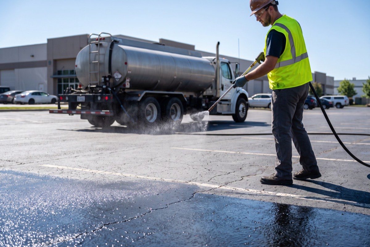 Worker spraying black sealcoat emulsion onto a commercial parking lot in Sherman, TX