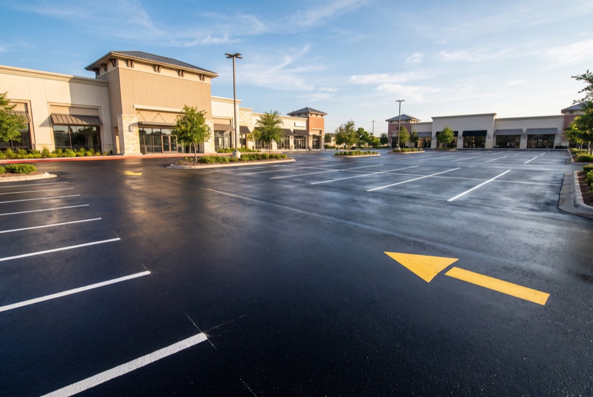 Freshly sealcoated and striped commercial parking lot in Grayson County, TX