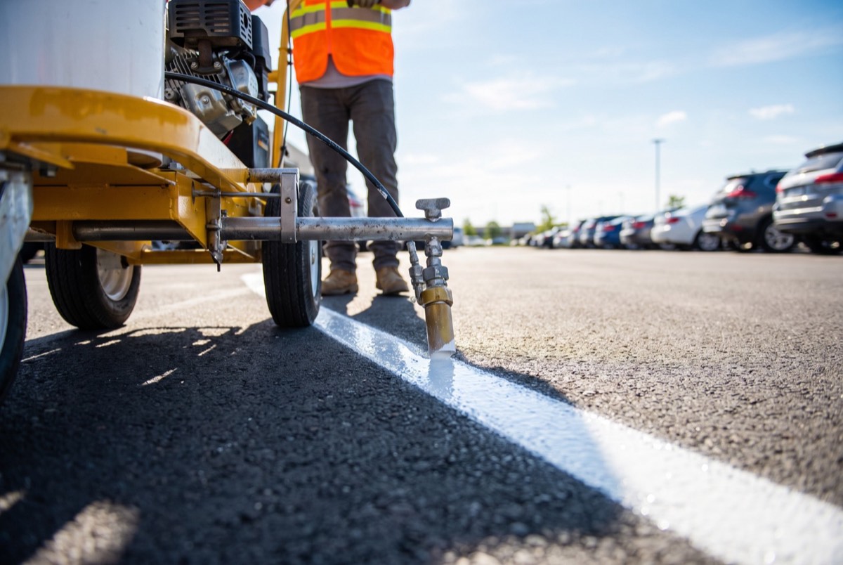 Striping machine spraying a fresh white parking stall line on asphalt in Sherman, TX