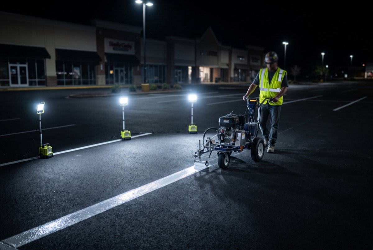 Line striping machine laying fresh white lines on a Sherman, TX parking lot at night